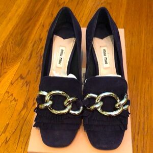 Gorgeous Miu Miu Navy Suede Block Heel Loafer